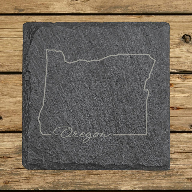 Oregon square slate coaster engraved with the state outline and Oregon in script lettering