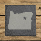 Oregon square slate coaster engraved with the state shape and a star