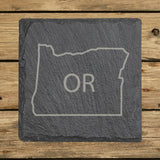 Oregon square slate coaster engraved with the state outline and OR initials