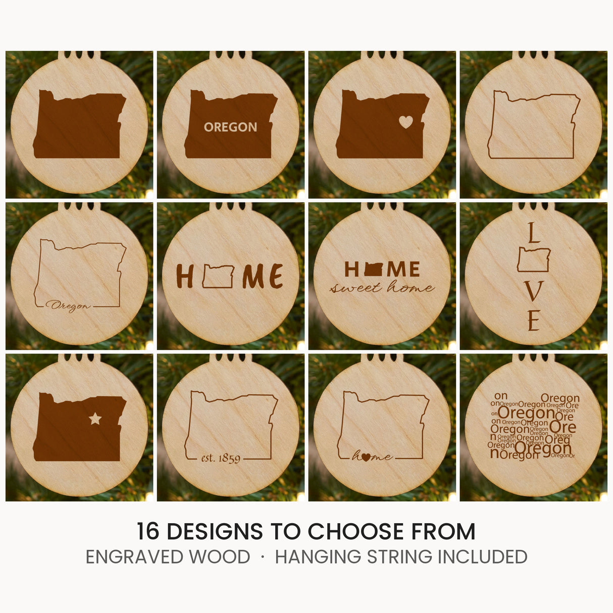Oregon wood Christmas ornament, laser engraved natural wood