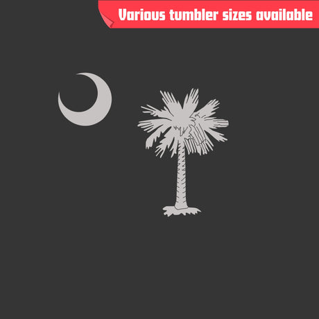 Laser engraved stainless steel tumbler reading "Palmetto Tree and Moon", view 2