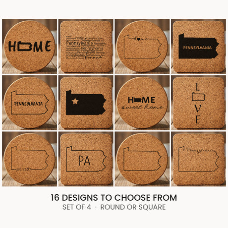 Pennsylvania cork coaster set, laser engraved natural cork