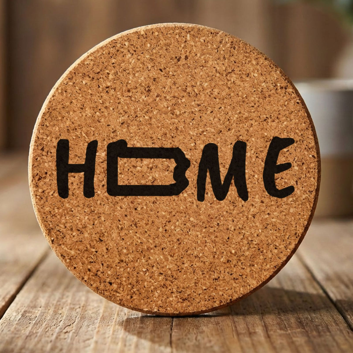 Pennsylvania round cork coaster engraved with HOME using the state outline as the letter O