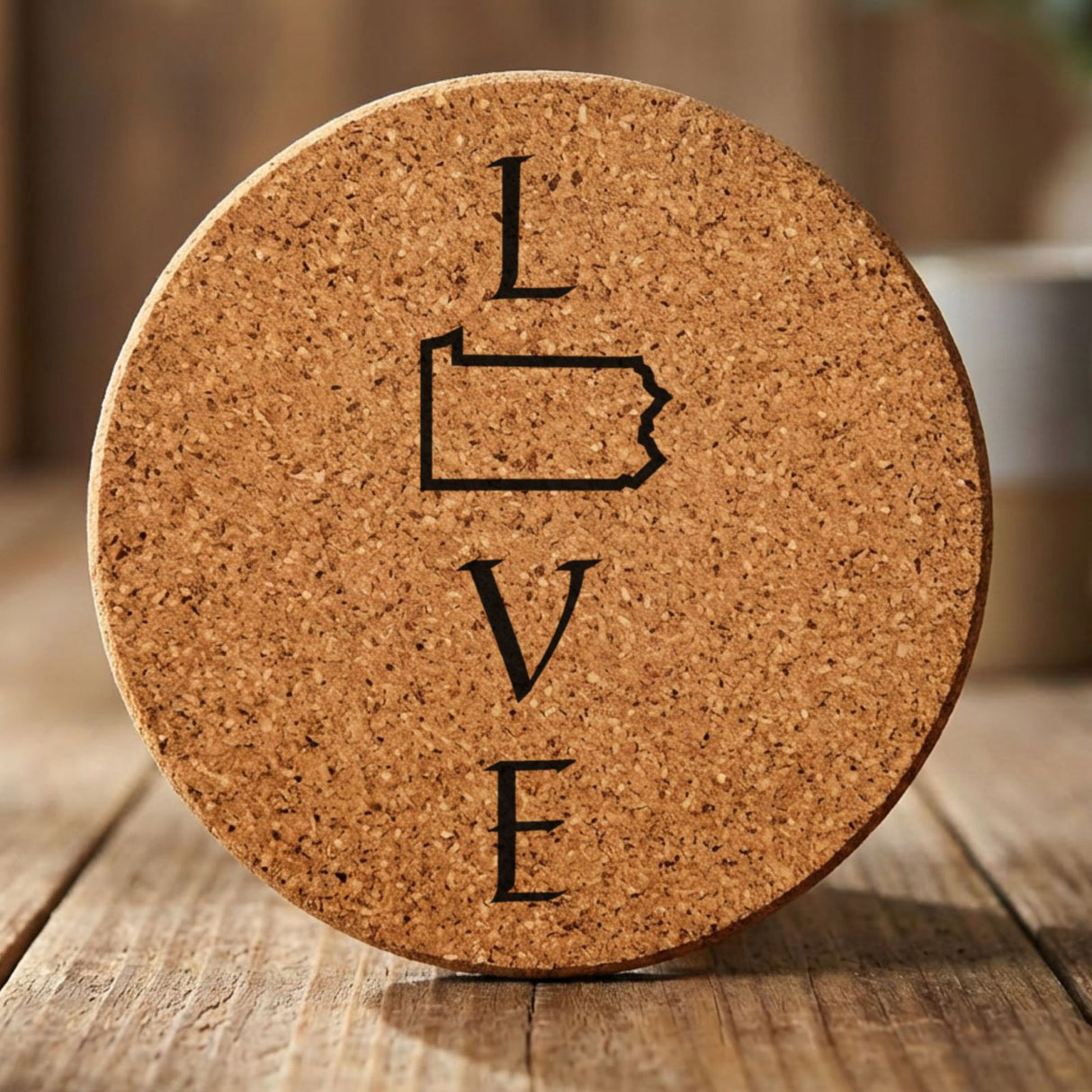 Pennsylvania round cork coaster engraved with LOVE stacked vertically using the state as the letter O