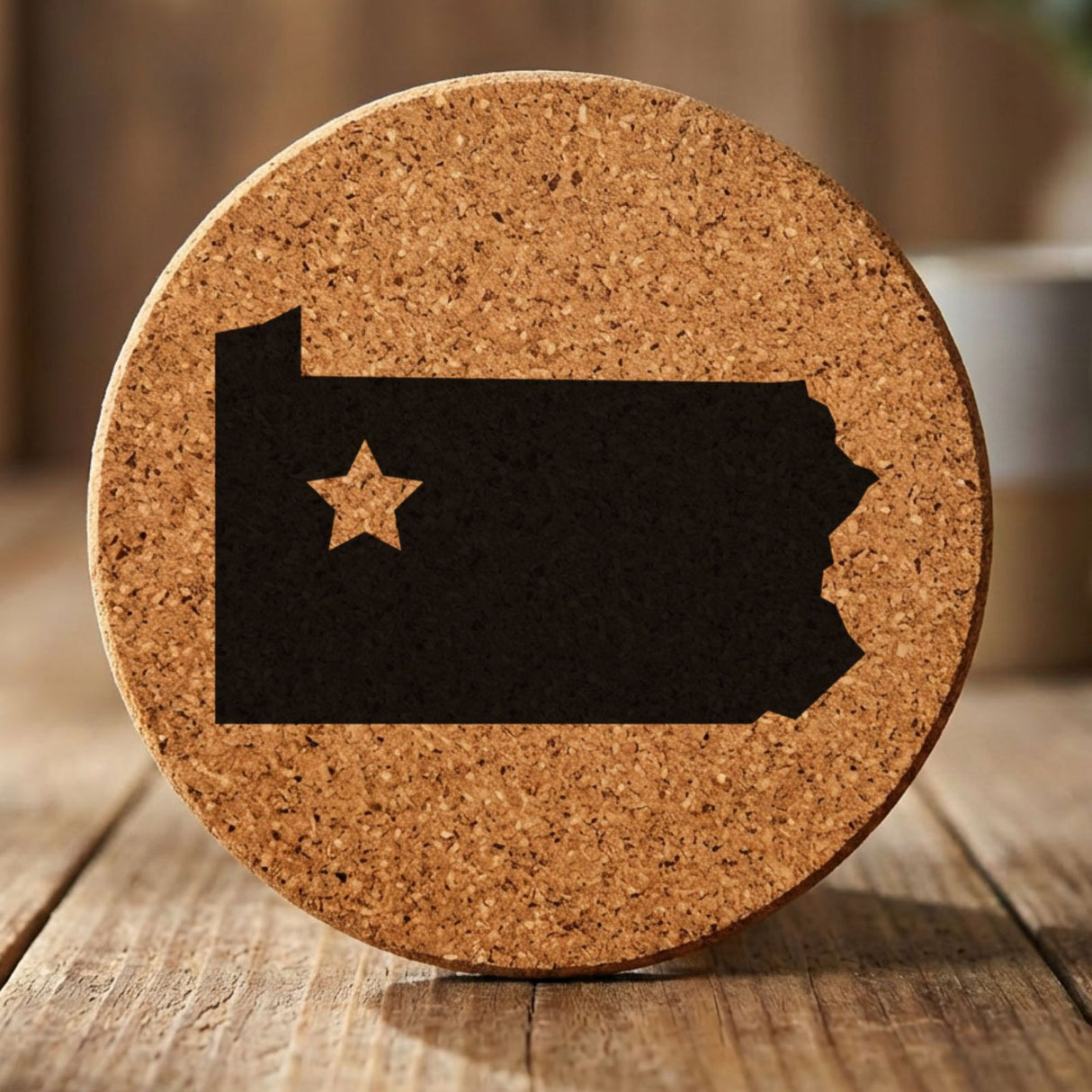 Pennsylvania round cork coaster engraved with the state shape and a star