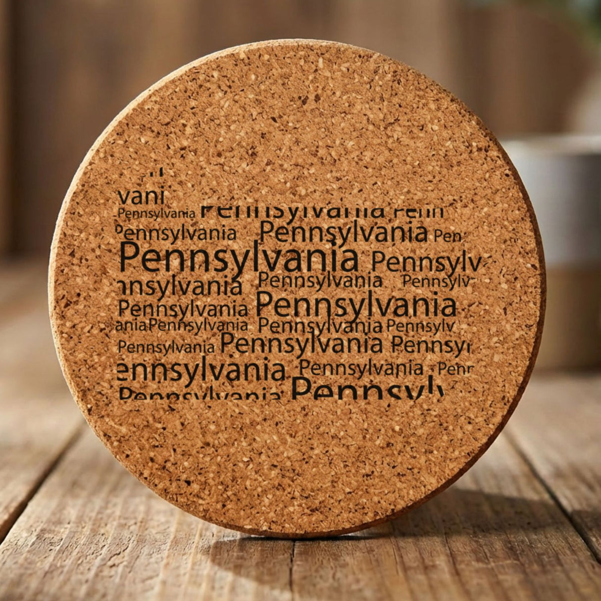 Pennsylvania round cork coaster engraved with a word cloud of repeating Pennsylvania text