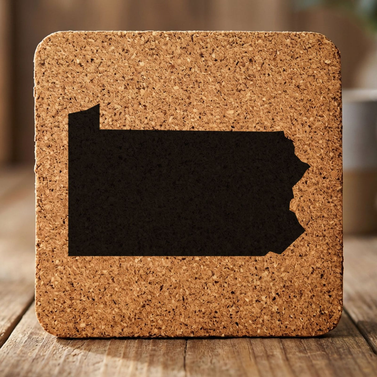 Pennsylvania square cork coaster with the full state shape engraved