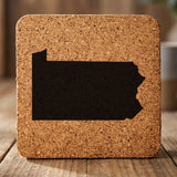 Pennsylvania square cork coaster with the full state shape engraved