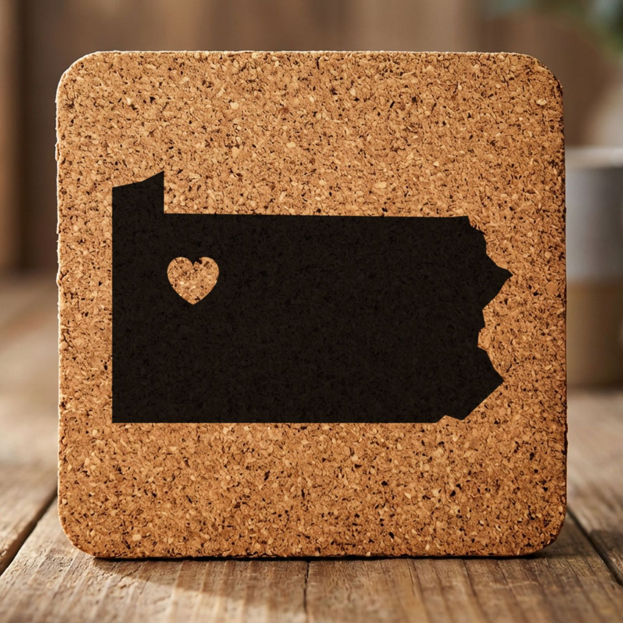 Pennsylvania square cork coaster engraved with the state shape and a heart