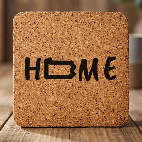 Pennsylvania square cork coaster engraved with HOME using the state outline as the letter O
