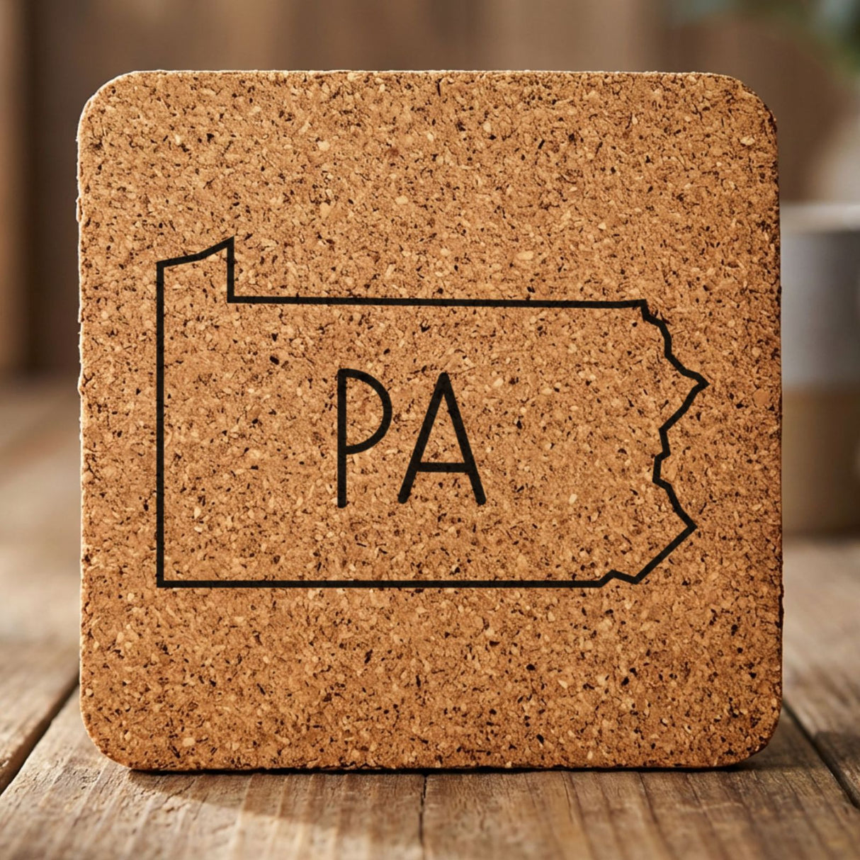 Pennsylvania square cork coaster engraved with the state outline and PA initials