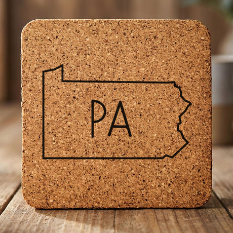 Pennsylvania square cork coaster engraved with the state outline and PA initials