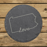 Pennsylvania round slate coaster engraved with a hand-drawn state outline and love in cursive