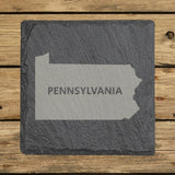Pennsylvania square slate coaster engraved with the state shape and PENNSYLVANIA in bold lettering