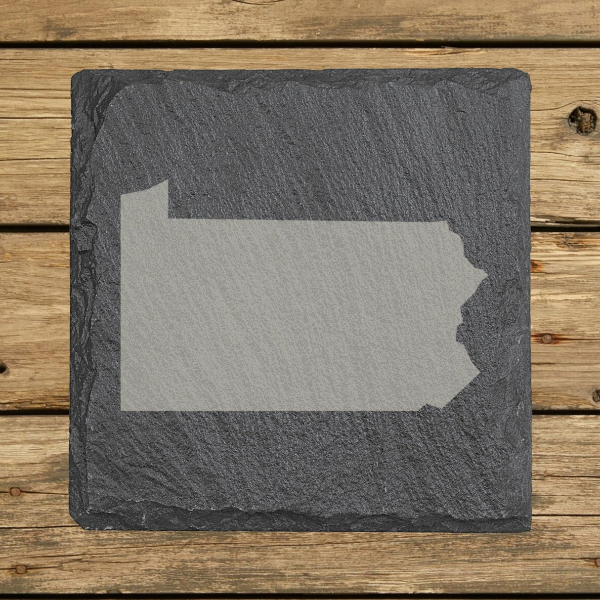 Pennsylvania square slate coaster with the full state shape engraved