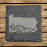 Pennsylvania square slate coaster engraved with the state shape in ornate floral scrollwork