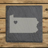 Pennsylvania square slate coaster engraved with the state shape and a heart