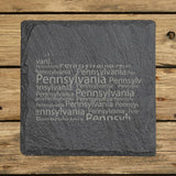 Pennsylvania square slate coaster engraved with a word cloud of repeating Pennsylvania text