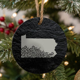 Pennsylvania round slate Christmas ornament engraved with the state shape in ornate floral scrollwork
