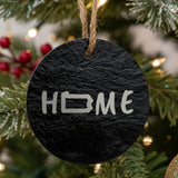 Pennsylvania round slate Christmas ornament engraved with HOME using the state outline as the letter O