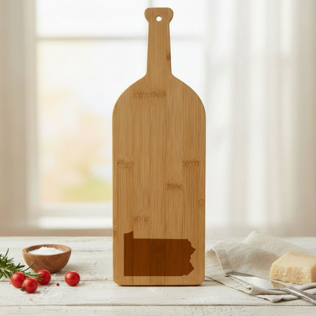 Bamboo wine bottle cutting board engraved with the Pennsylvania Engraved State design
