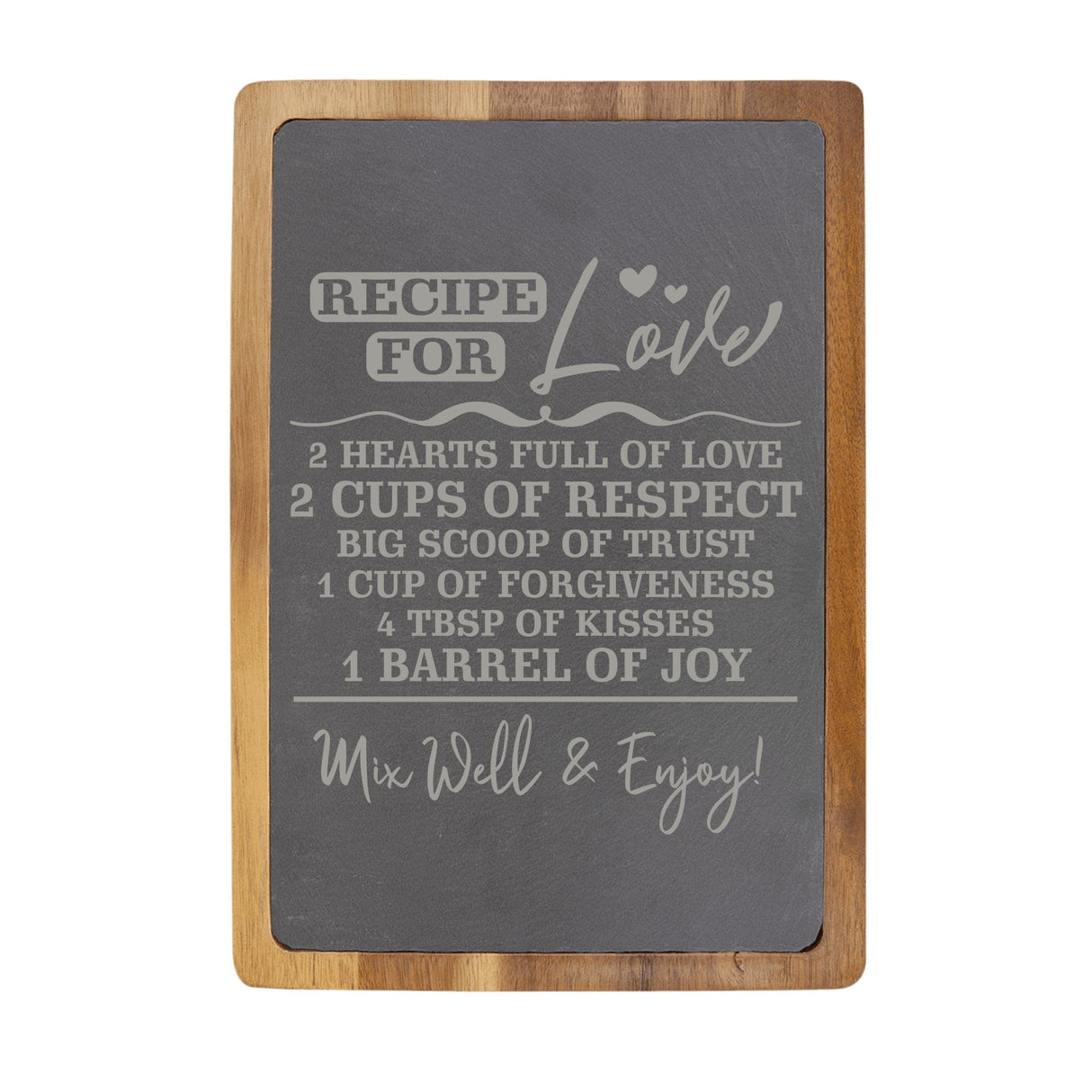"Recipe for Love" Acacia & Slate Cutting Board - Laser Engraved