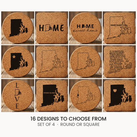 Rhode Island cork coaster set, laser engraved natural cork