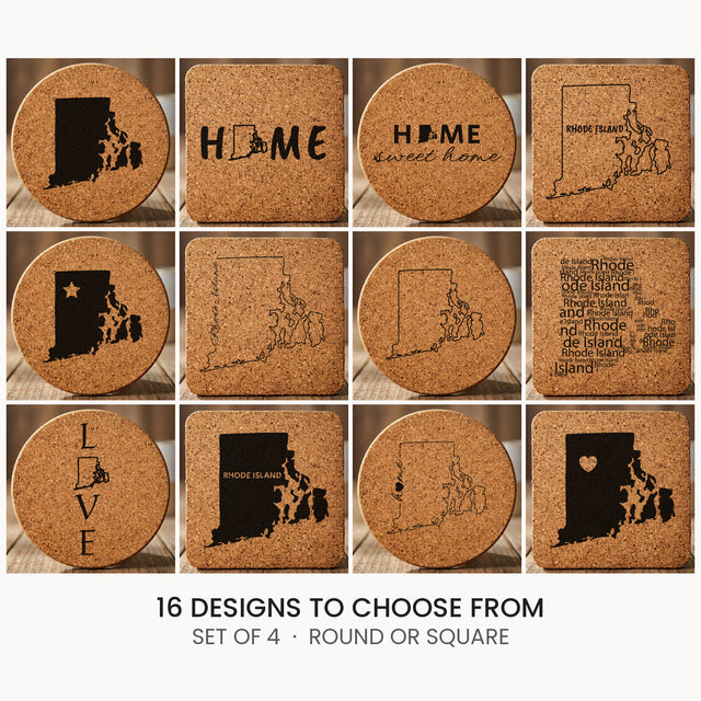 Rhode Island cork coaster set, laser engraved natural cork