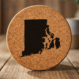 Rhode Island round cork coaster with the full state shape engraved