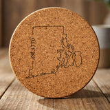 Rhode Island round cork coaster engraved with the state outline and est. 1776