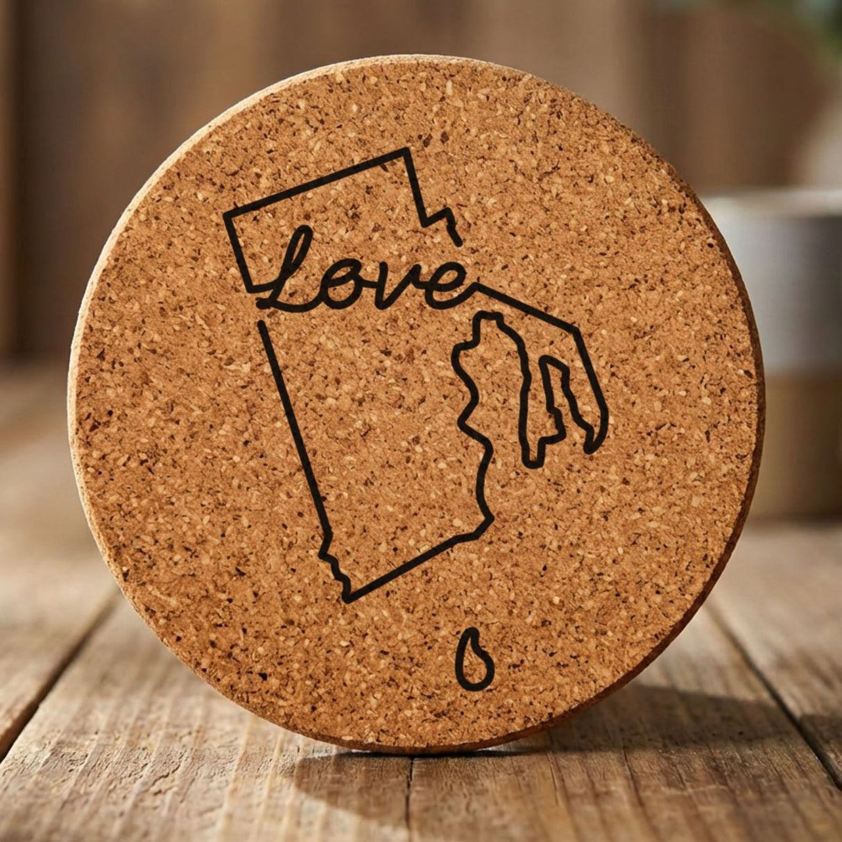 Rhode Island round cork coaster engraved with a hand-drawn state outline and love in cursive
