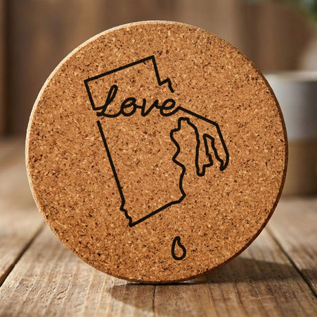Rhode Island round cork coaster engraved with a hand-drawn state outline and love in cursive