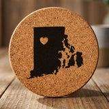 Rhode Island round cork coaster engraved with the state shape and a heart
