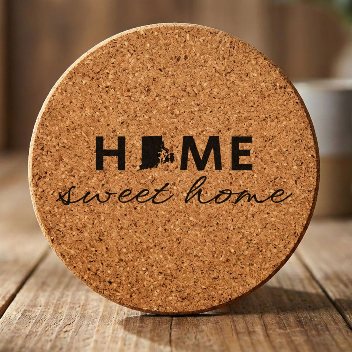 Rhode Island round cork coaster engraved with HOME sweet home using the state shape as the letter O
