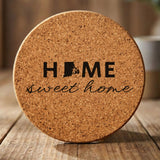 Rhode Island round cork coaster engraved with HOME sweet home using the state shape as the letter O