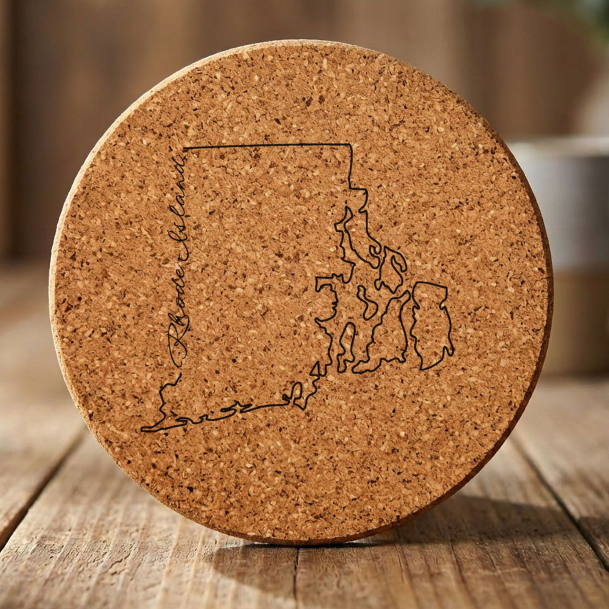Rhode Island round cork coaster engraved with the state outline and Rhode Island in script lettering