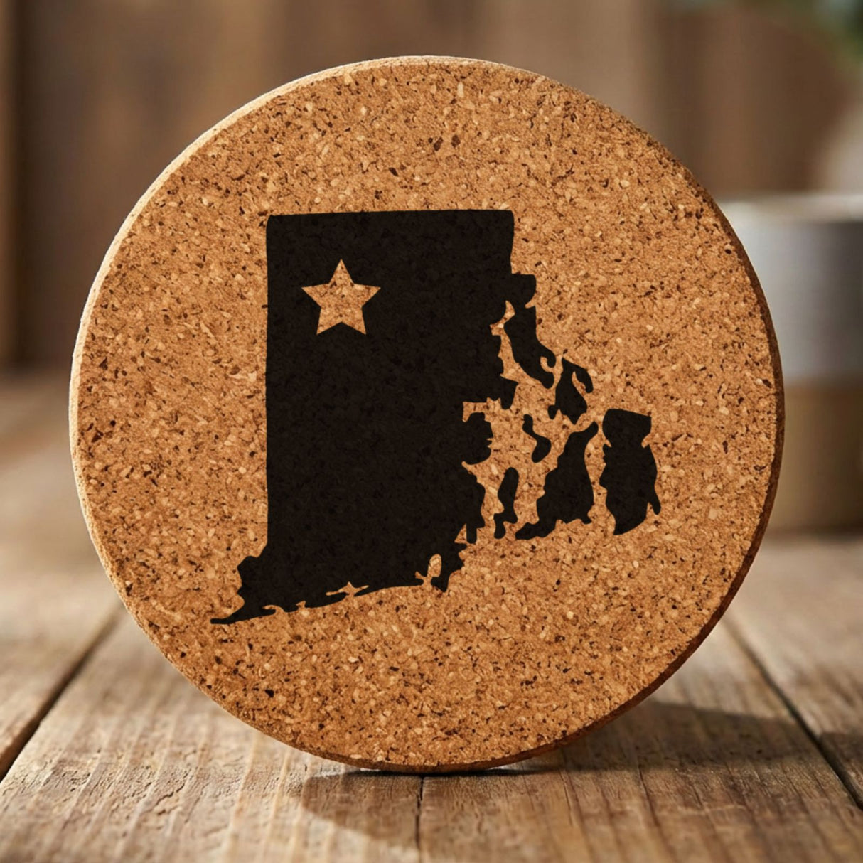 Rhode Island round cork coaster engraved with the state shape and a star