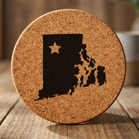 Rhode Island round cork coaster engraved with the state shape and a star