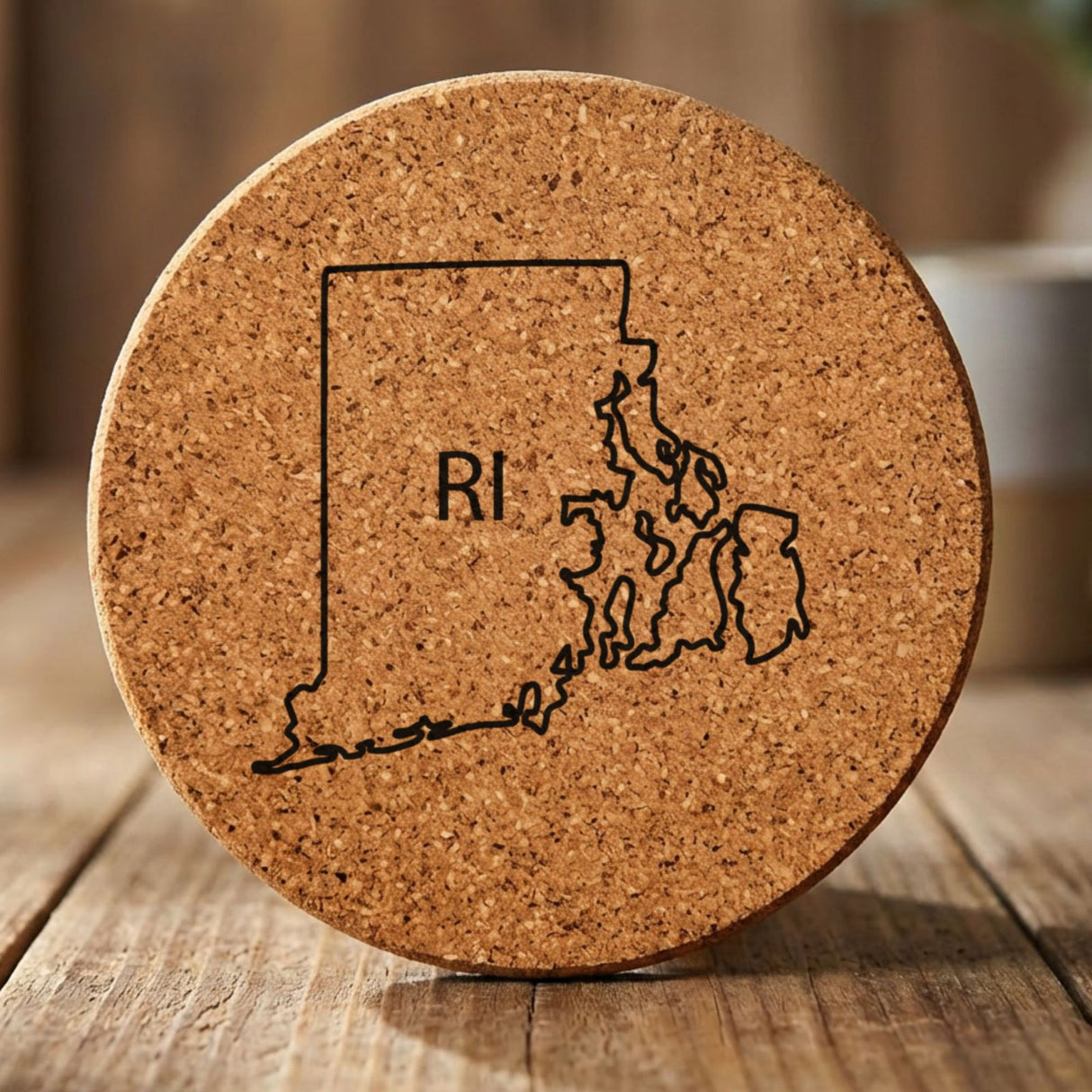 Rhode Island round cork coaster engraved with the state outline and RI initials