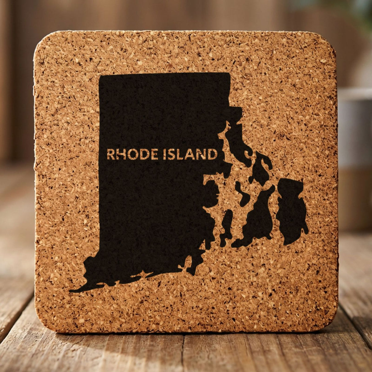 Rhode Island square cork coaster engraved with the state shape and RHODE ISLAND in bold lettering