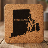 Rhode Island square cork coaster engraved with the state shape and RHODE ISLAND in bold lettering