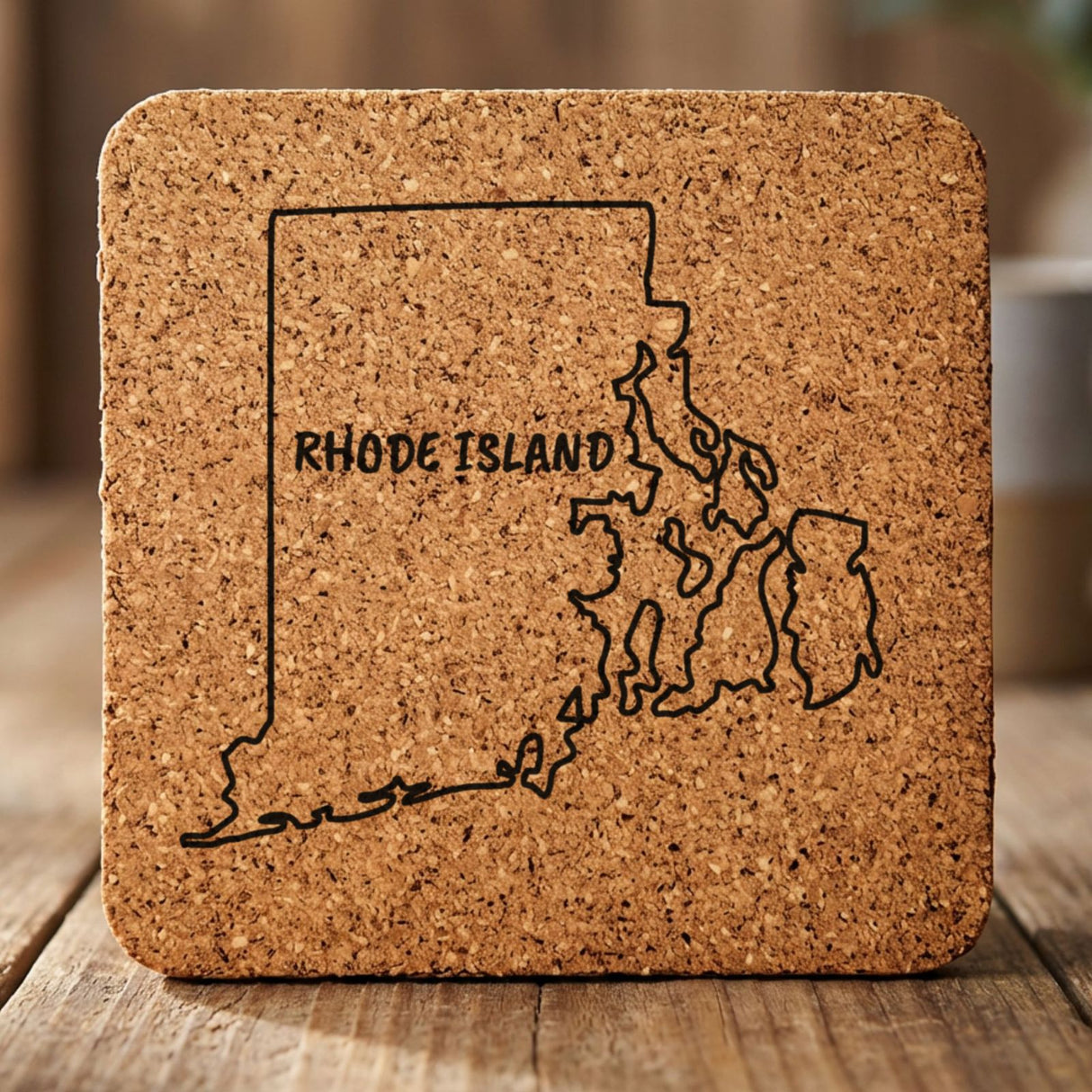 Rhode Island square cork coaster engraved with the state outline and RHODE ISLAND in hand-drawn brush lettering