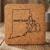Rhode Island square cork coaster engraved with the state outline and RHODE ISLAND in hand-drawn brush lettering