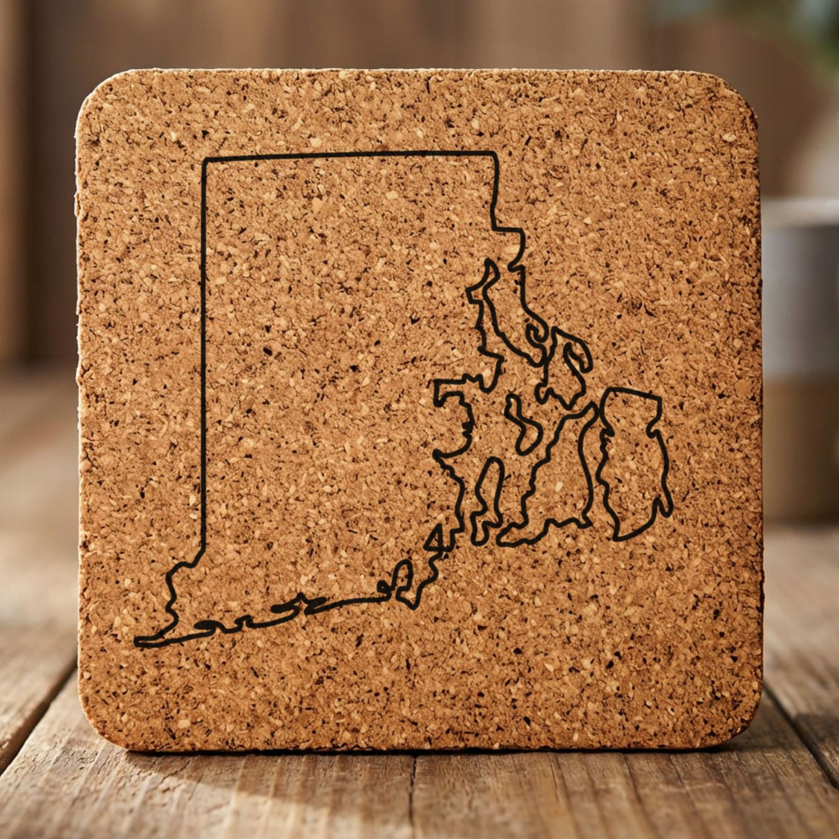 Rhode Island square cork coaster engraved with a clean state outline