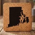 Rhode Island square cork coaster with the full state shape engraved