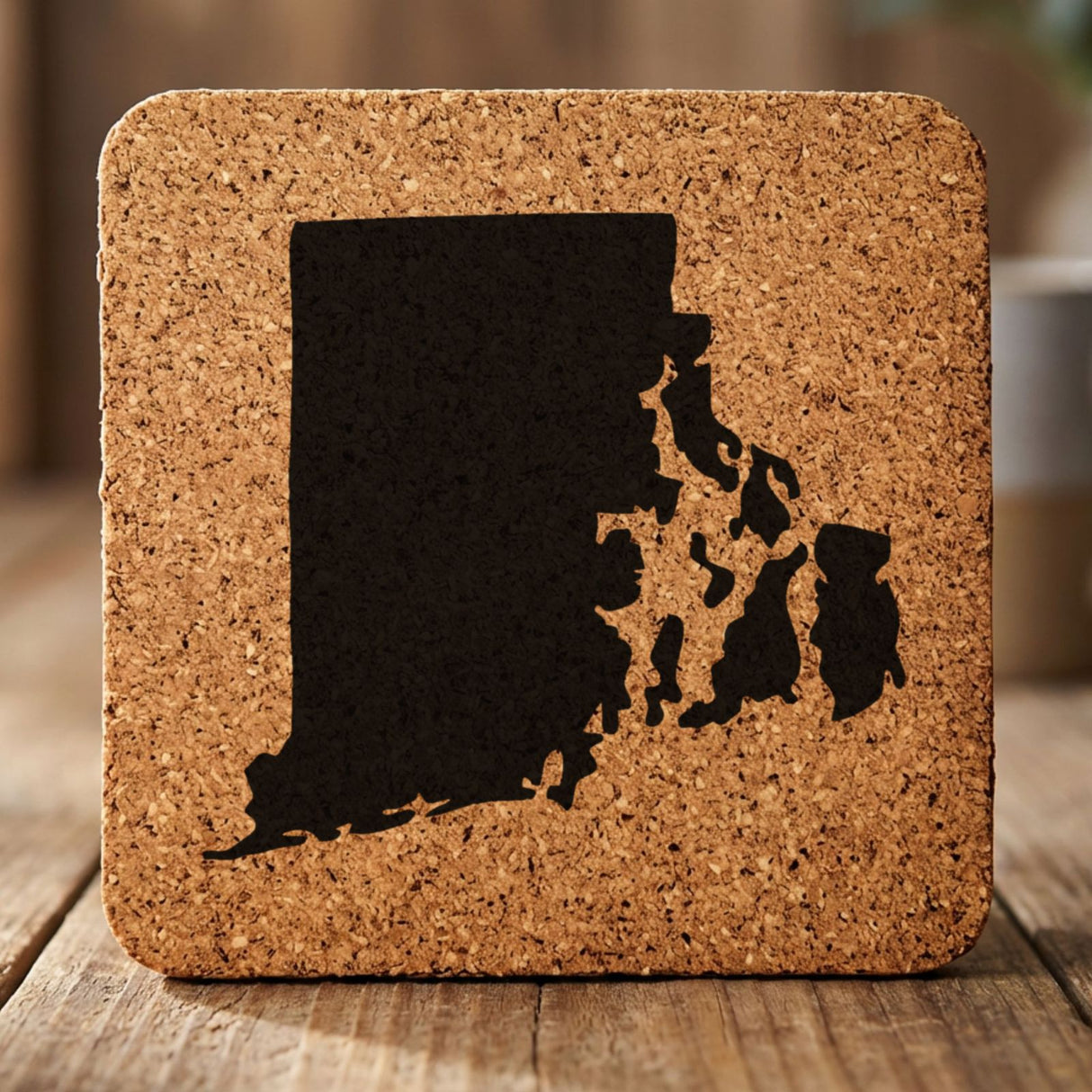 Rhode Island square cork coaster with the full state shape engraved