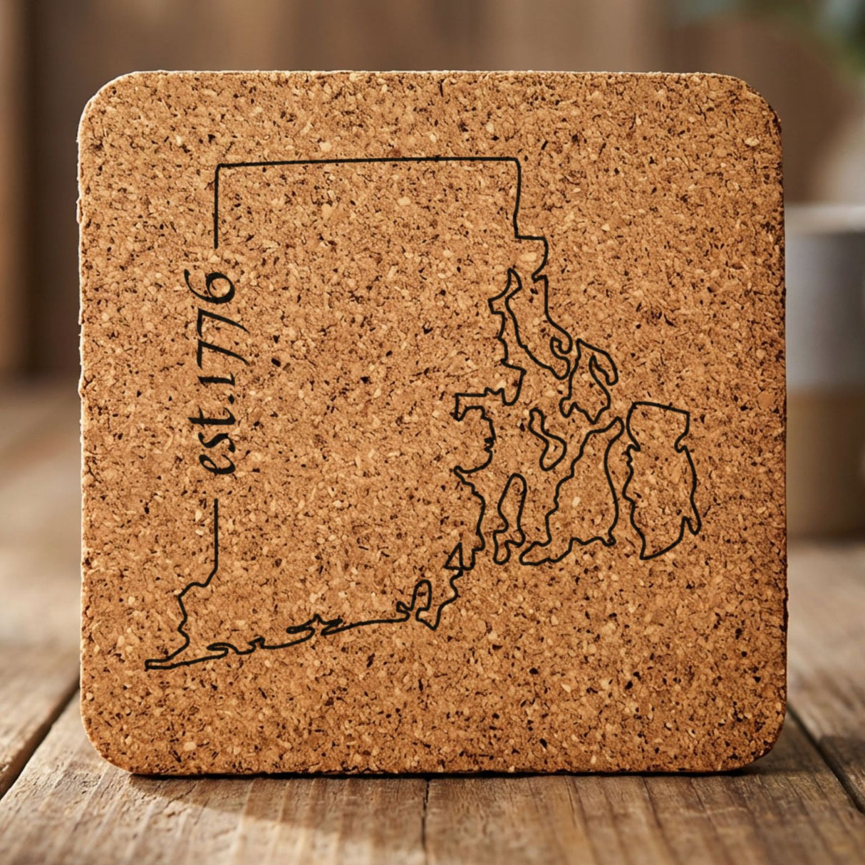 Rhode Island square cork coaster engraved with the state outline and est. 1776