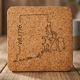 Rhode Island square cork coaster engraved with the state outline and est. 1776