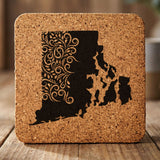 Rhode Island square cork coaster engraved with the state shape in ornate floral scrollwork