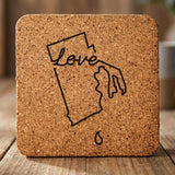 Rhode Island square cork coaster engraved with a hand-drawn state outline and love in cursive
